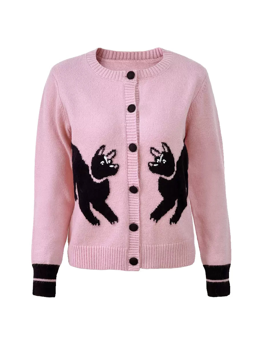 dog pattern pink sweater cardigan