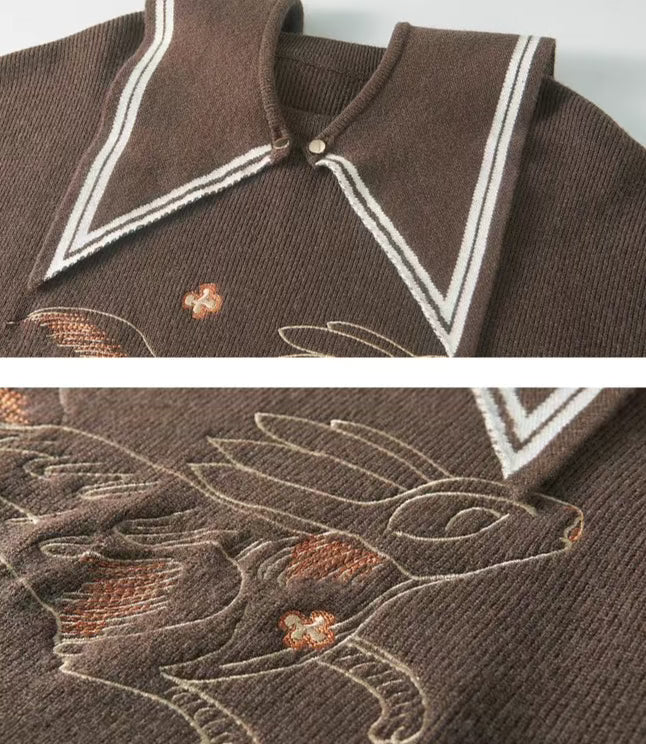 Rabbit Embroidery Pattern Collared Sweater