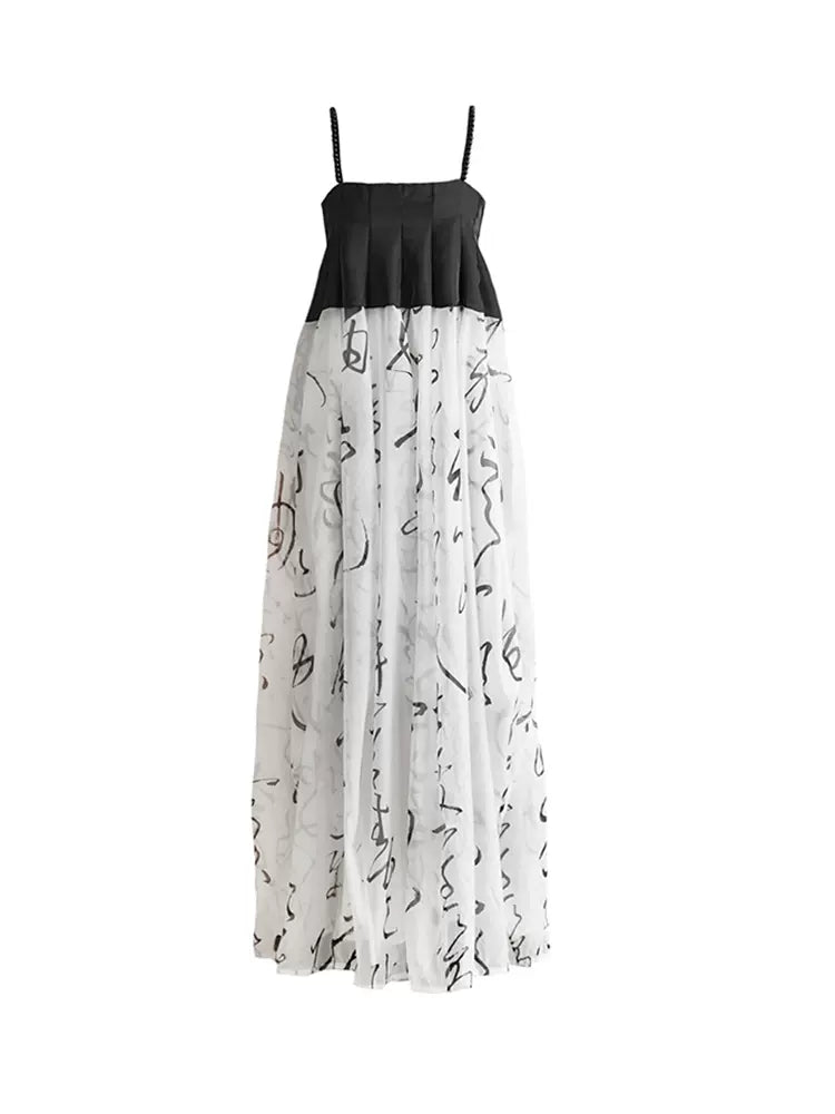 Peony Pavilion calligraphy print beaded suspender dress