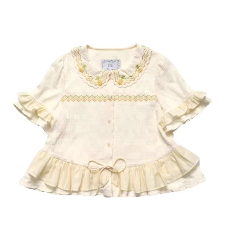 ruffled drawstring short-sleeved babydoll shirt