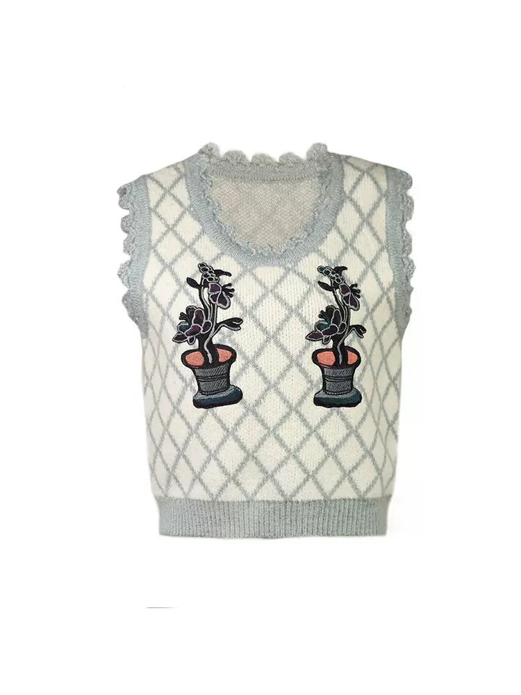 gray and white rhombus potted plant embroidered vest