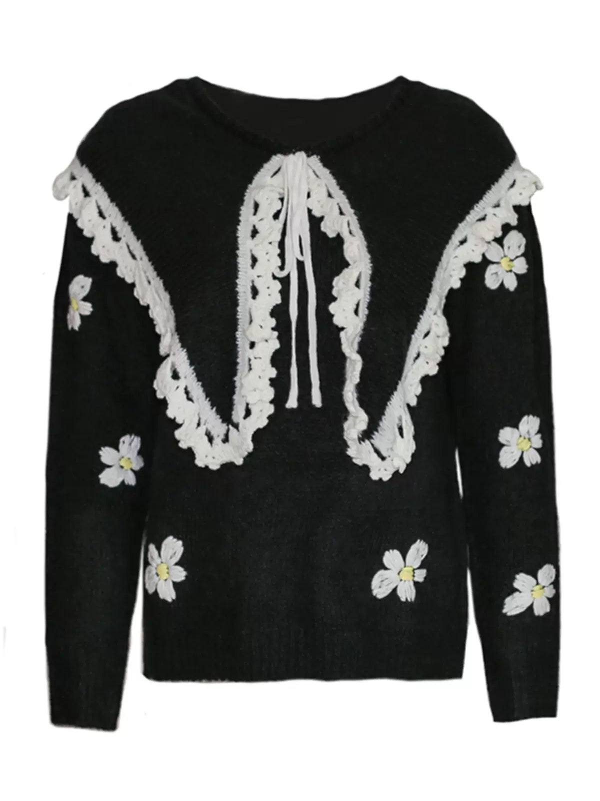 Lapel lace-up floral sweater