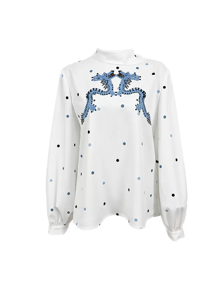 blue dragon polka dot printed small lapel shirt