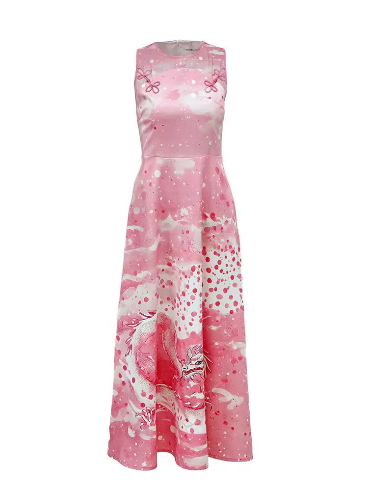 pink dragon moire disc button vest dress
