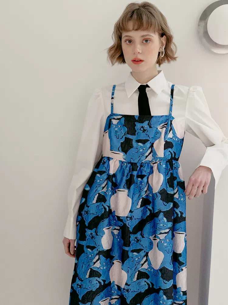 blue cat and vase print suspender dress