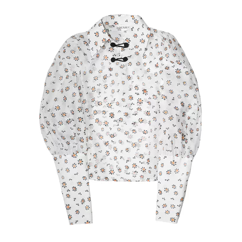 printed button organza New York Fashion Week top