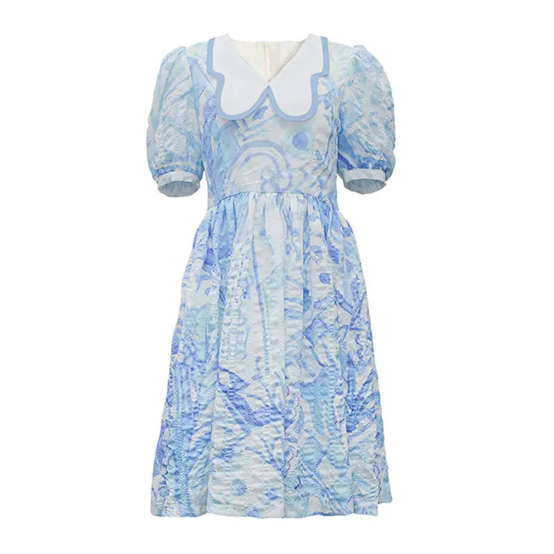 blue and white watercolor print butterfly collar dress
