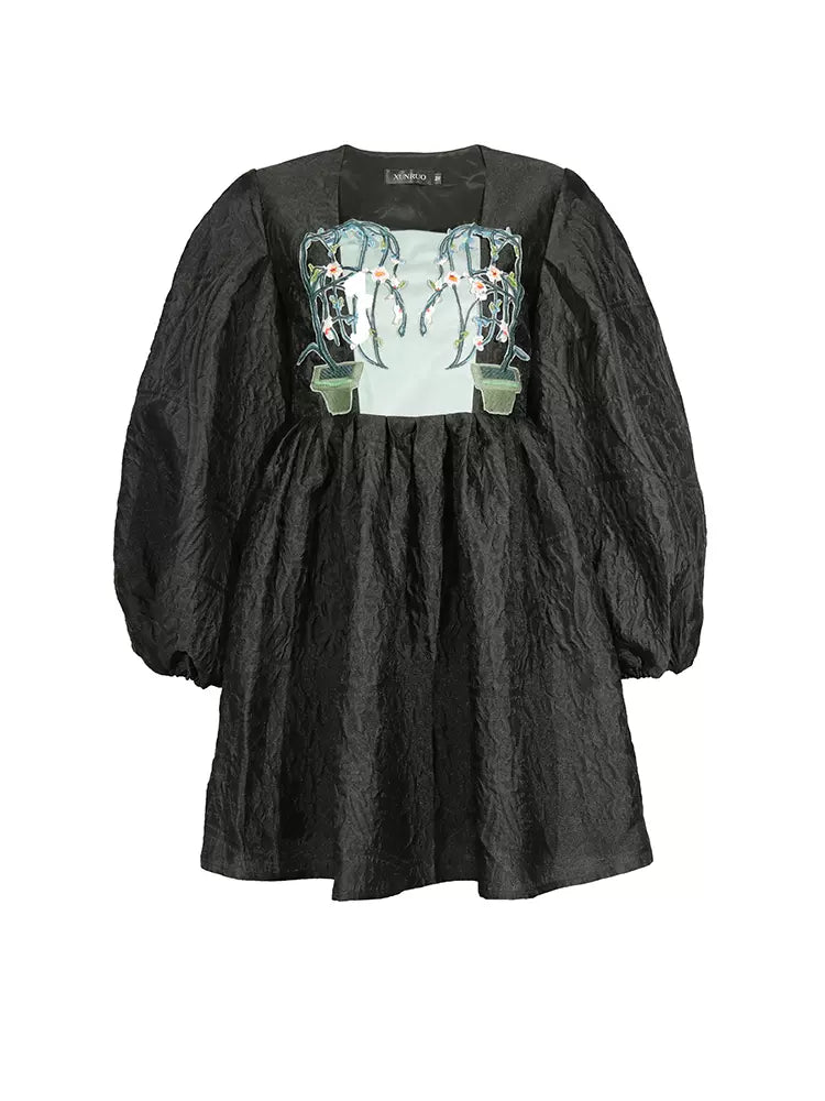 potted plant embroidery textured long-sleeved square neck dress