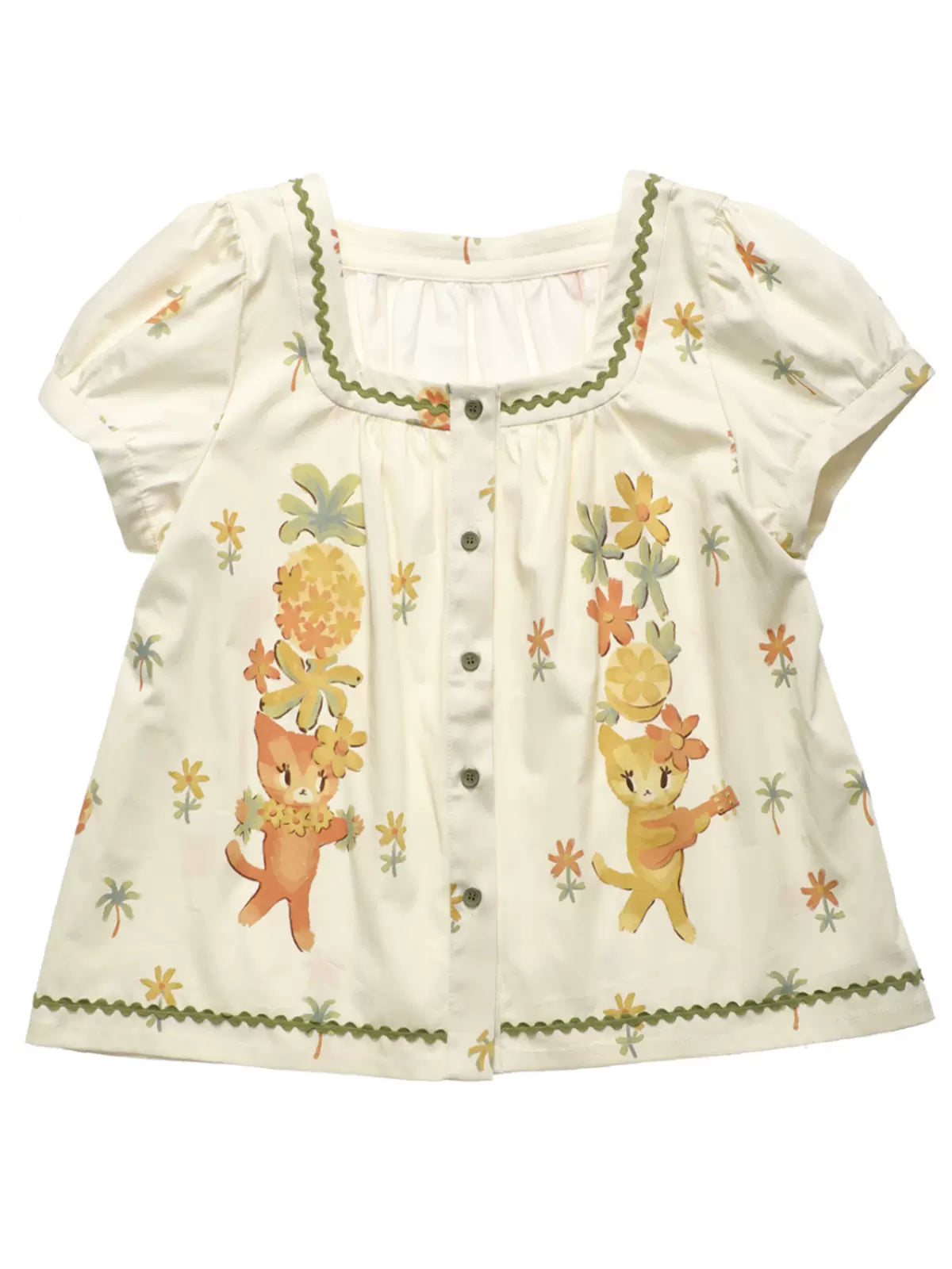 cat French floral print short-sleeved shirt