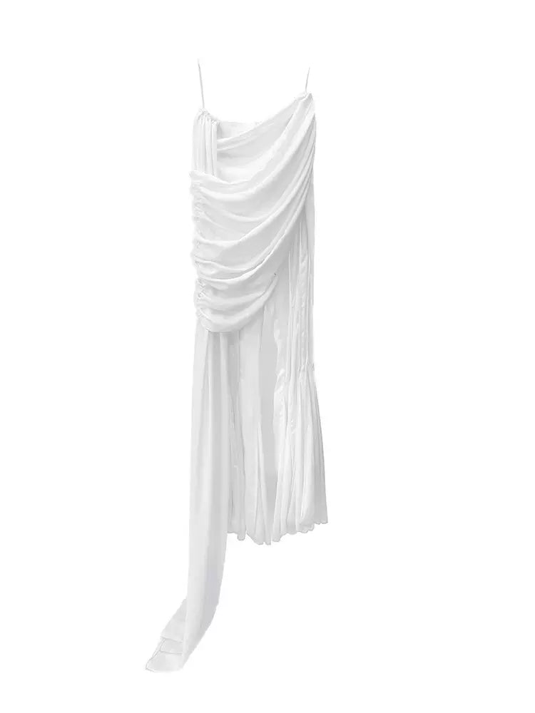 white pleated stitching flared trousers dress