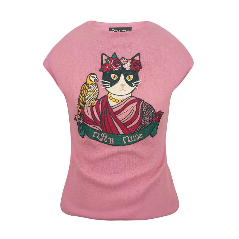 rose pink Frida cat retro top