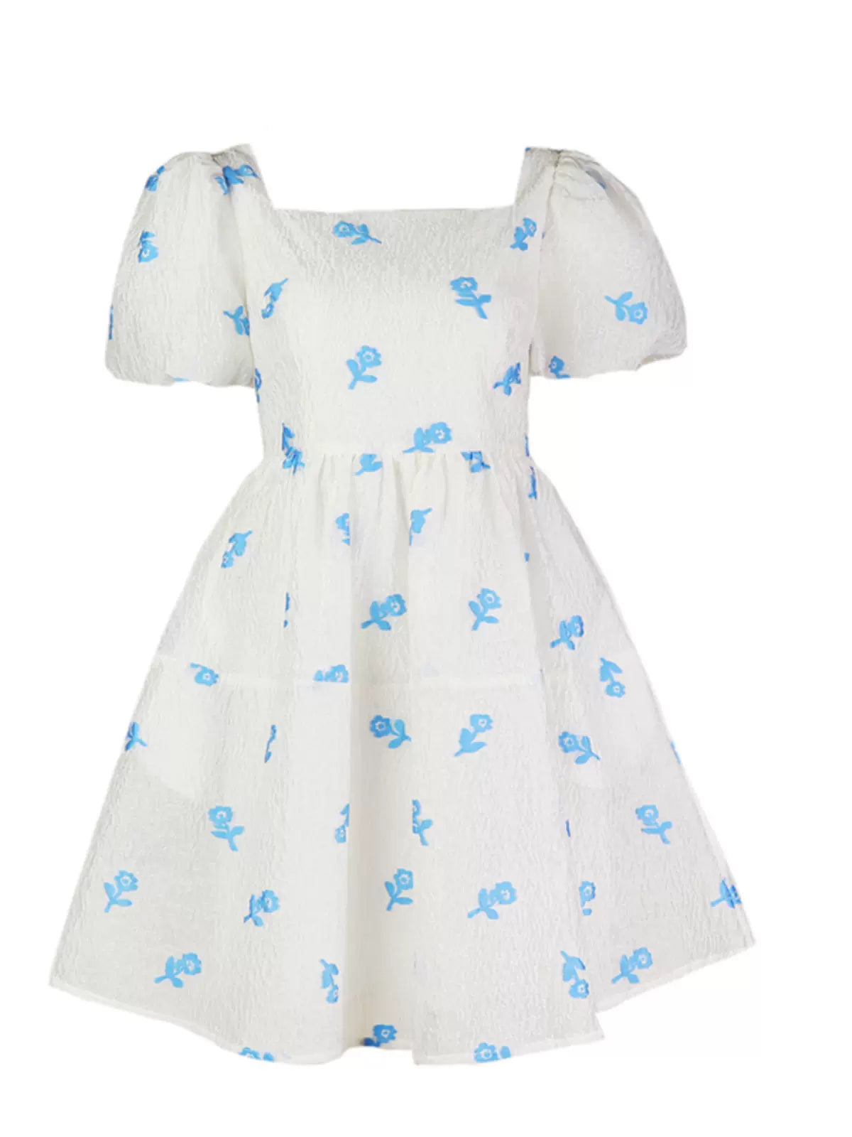 white flower square collar puff sleeve dress