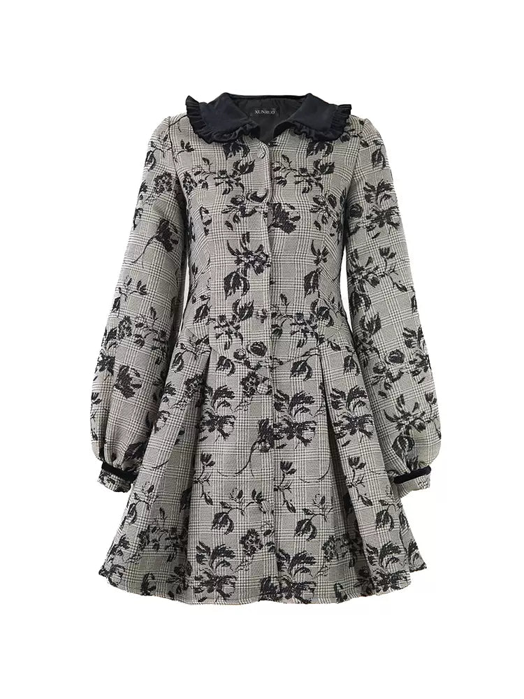 rose plaid tweed velvet doll collar dress