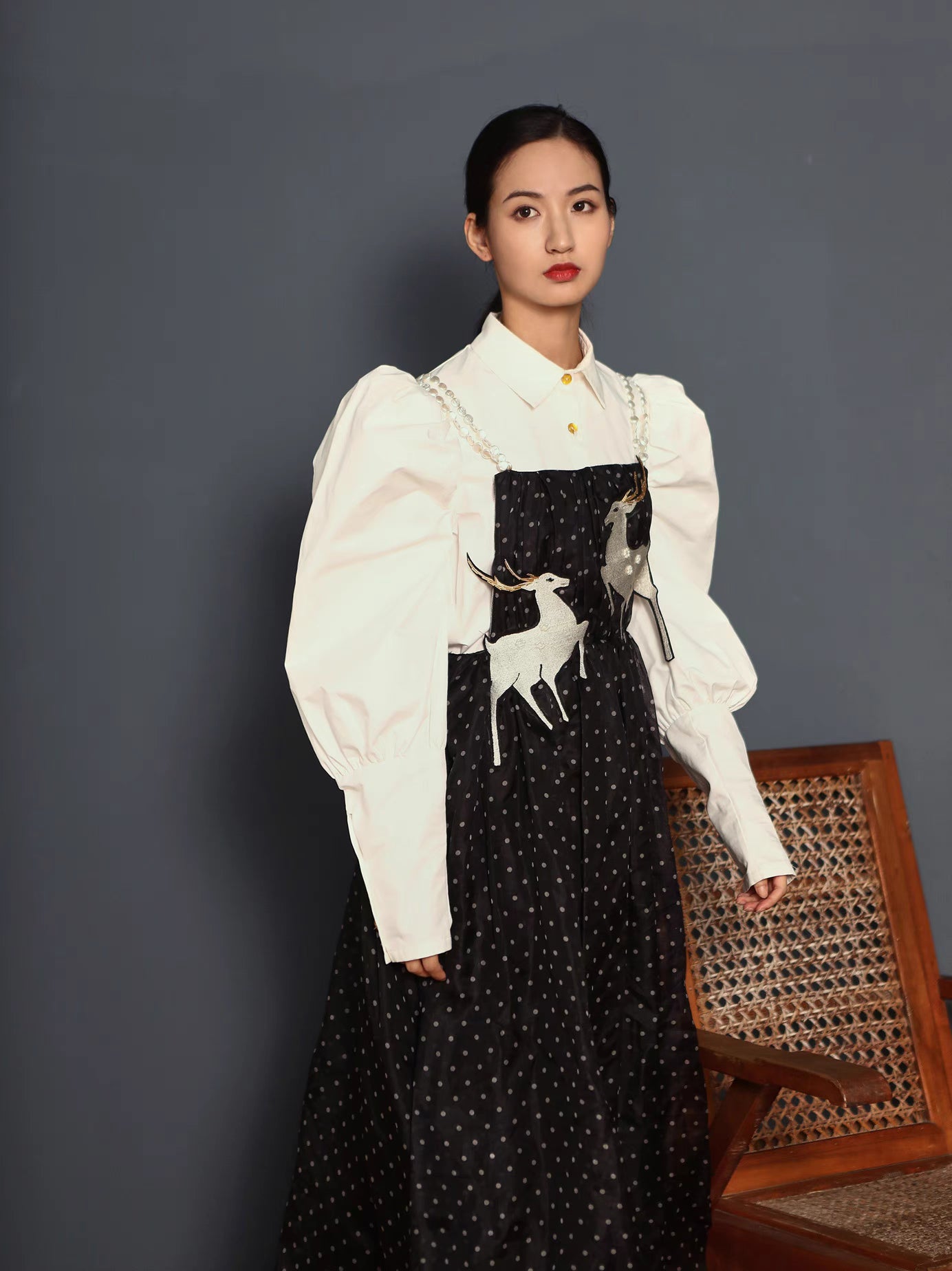 deer embroidered suspender skirt black and white polka dot dress