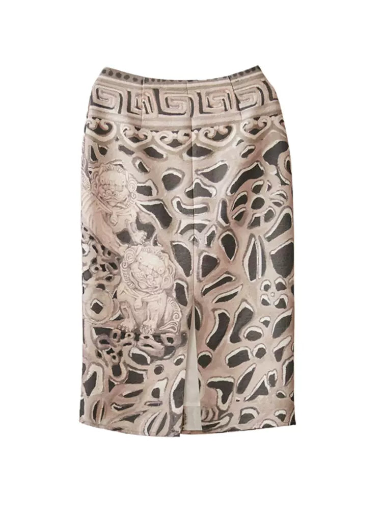 embossed lion texture slit mid-length one-step skirt