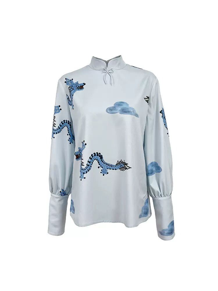 blue dragon cloud print bow shirt