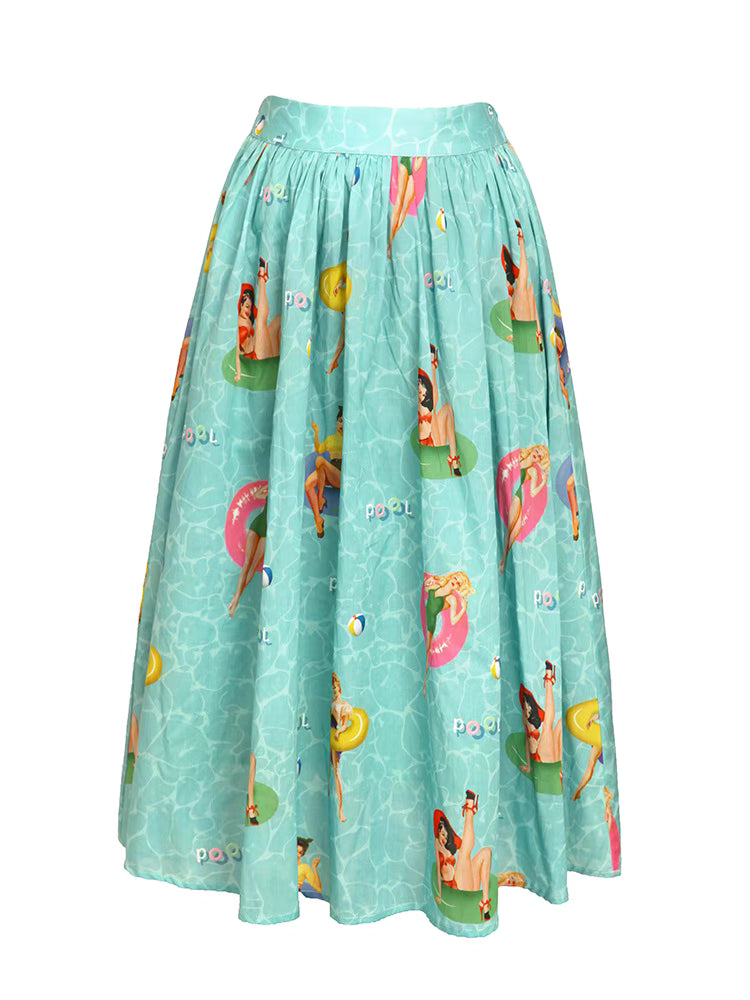 retro beauty printed elastic waist pleated skirt