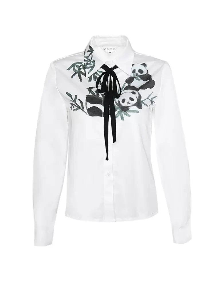 panda bamboo leaf print lace shirt
