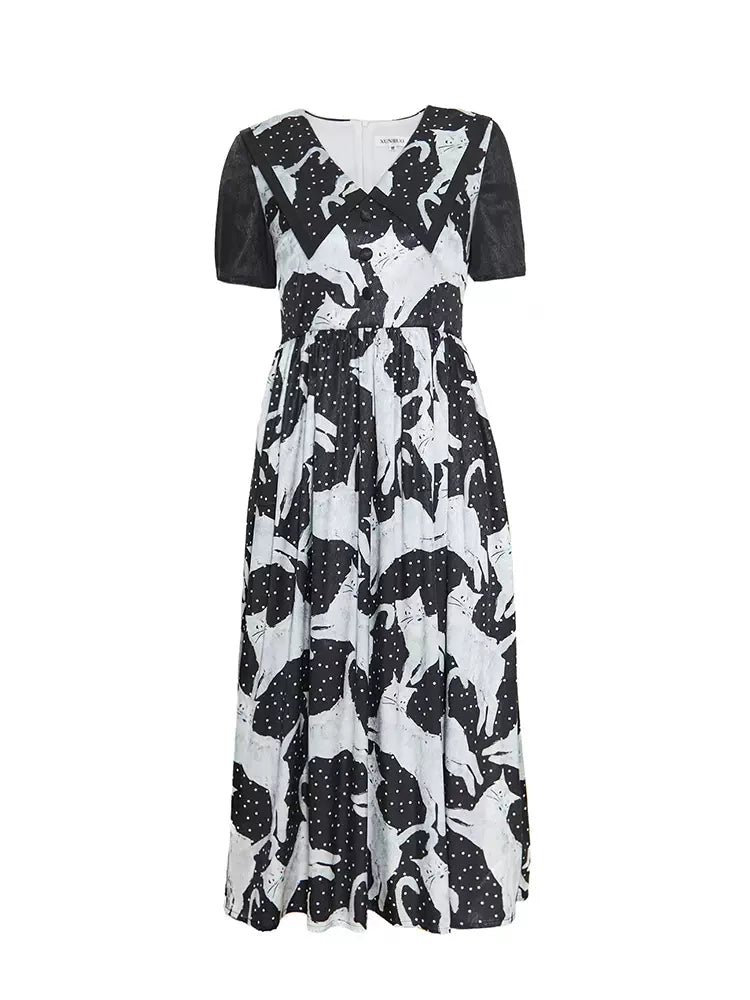 new polka dot cat lapel vacation long dress