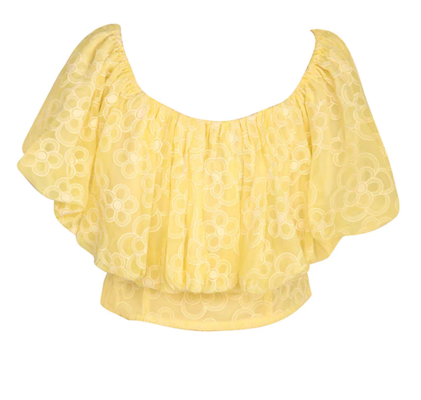 yellow short mesh floral embroidered shirt