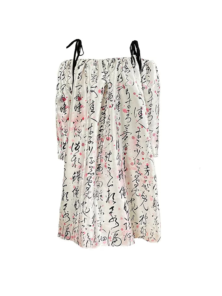 pink blooming calligraphy print one-shoulder dress