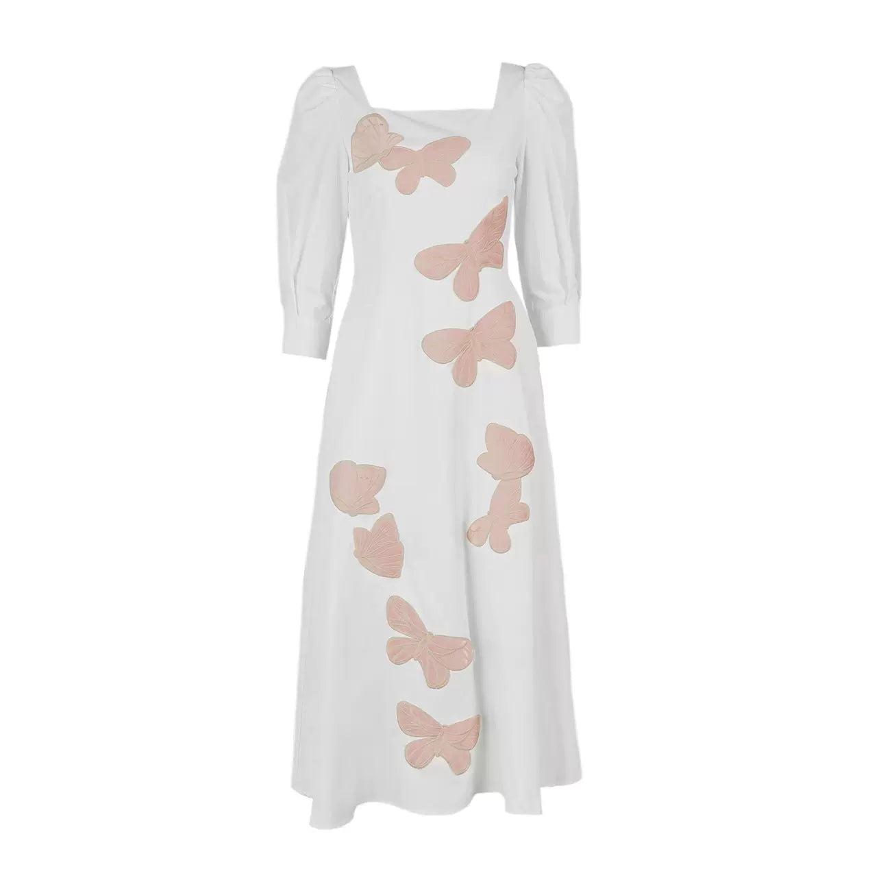pink butterfly embroidered square collar temperament dress