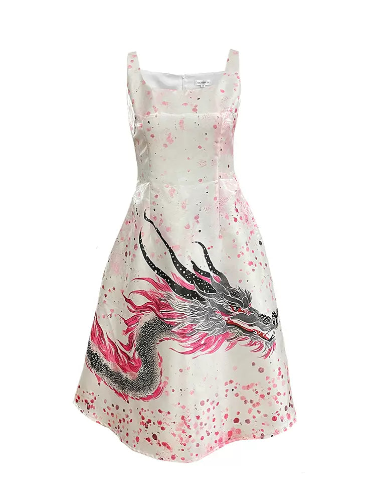 polka dot pink dragon smudged vest dress