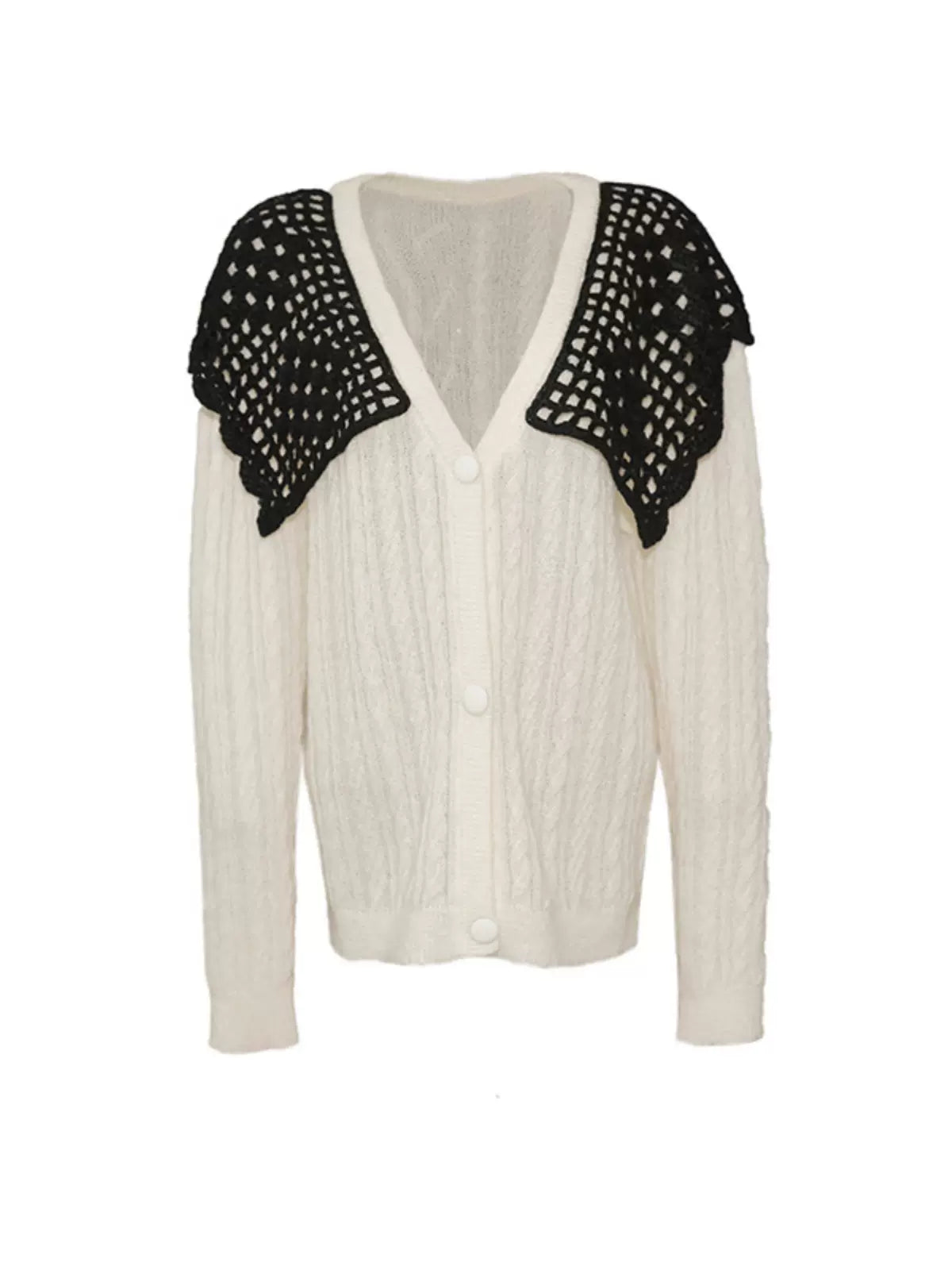 black and white stitching hollow knit cardigan