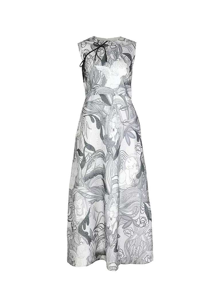 oblique lapel bow plate button sleeveless dress