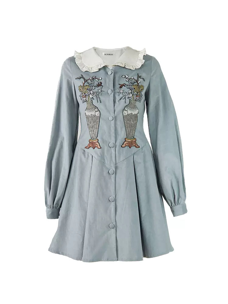 haze blue corduroy vase embroidery original doll collar dress