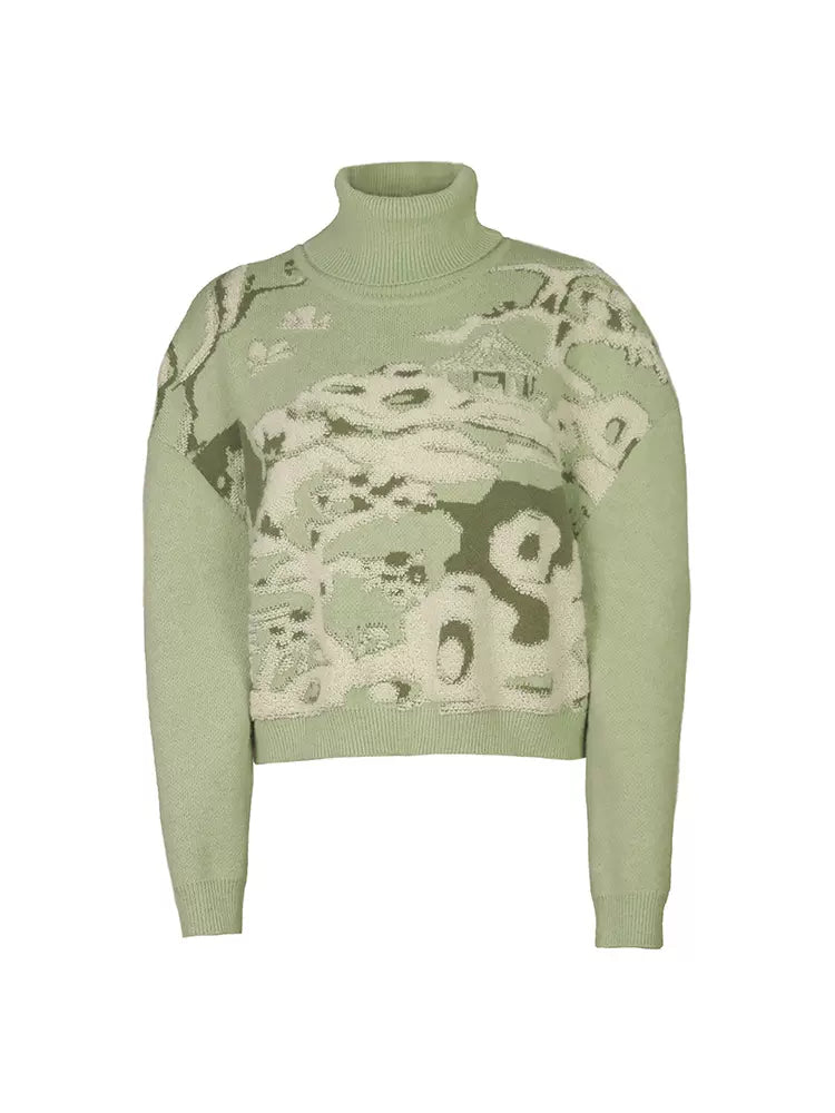 high collar light green garden fleece soft waxy sweater