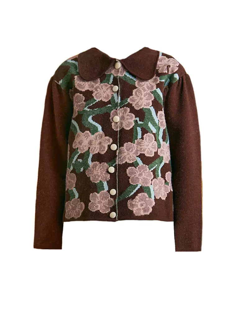 maroon contrasting color flower lapel sweater jacket