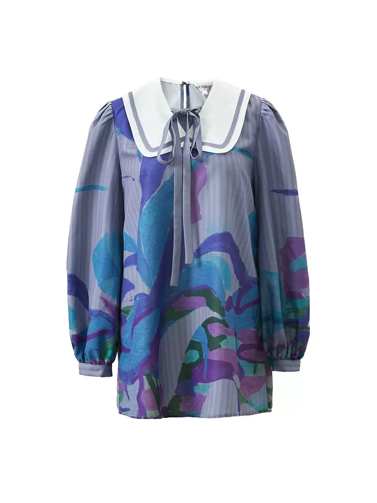 striped freehand floral doll collar short dress