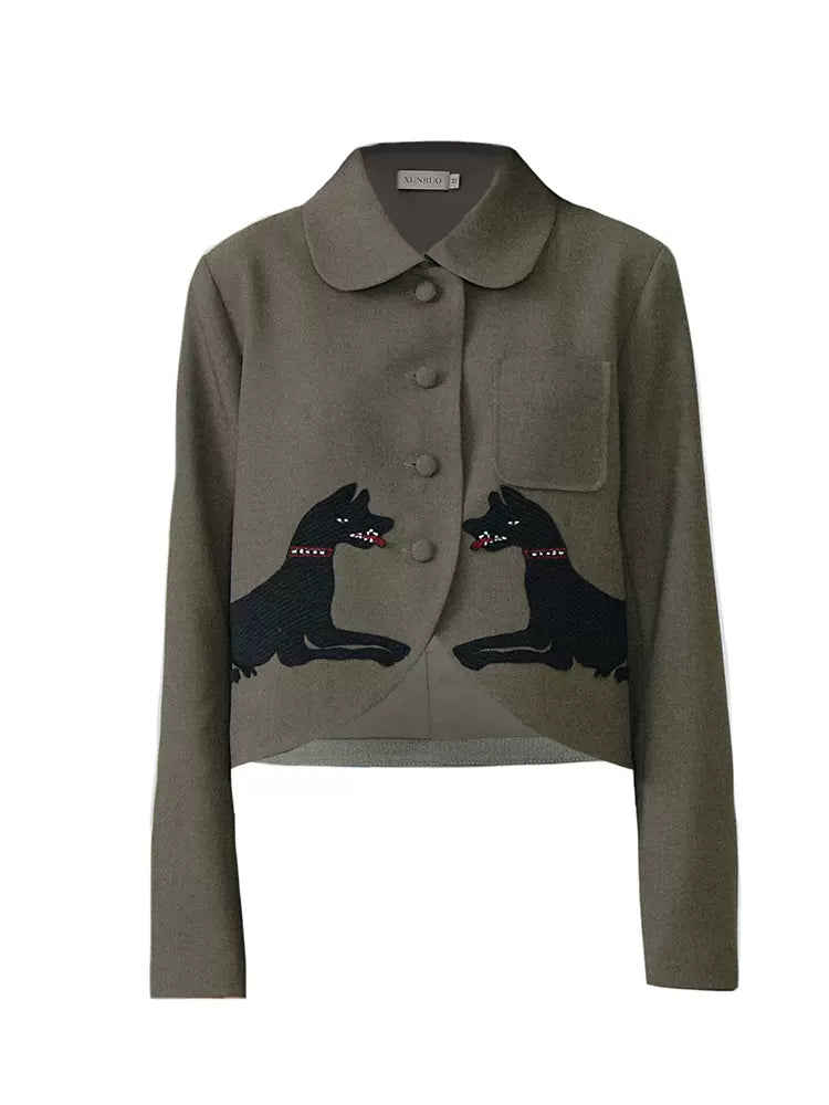 dog pattern olive green lapel short coat