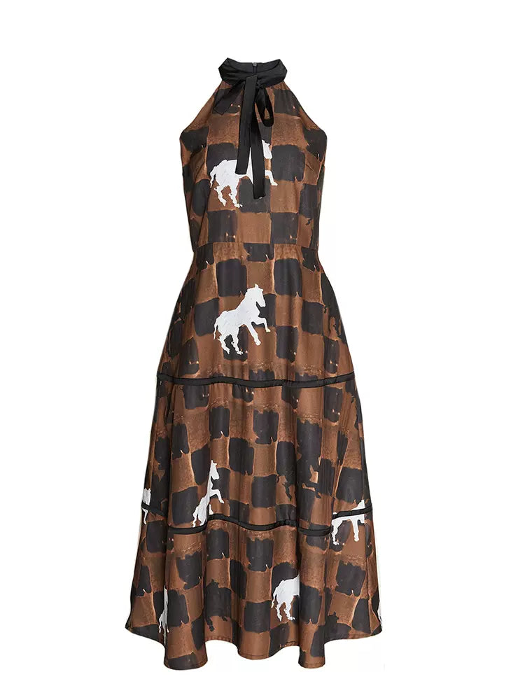 checkerboard pony print sleeveless long dress