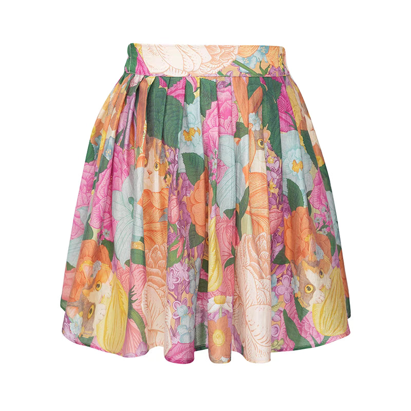 Cat Mystic Garden Print High Waist Pleated Skirt