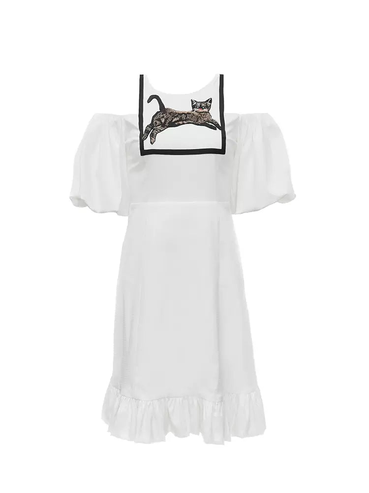 cat embroidered suspender straps dress