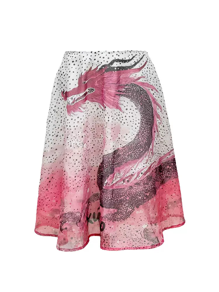 polka dot dragon print mid-length skirt