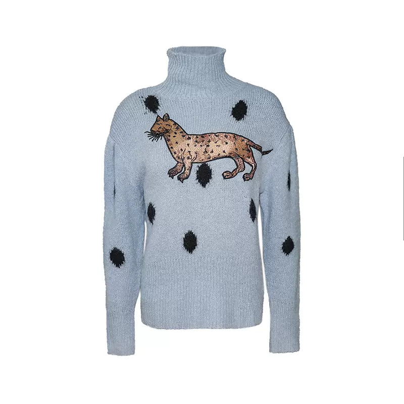 blue leopard cat polka dot turtleneck sweater