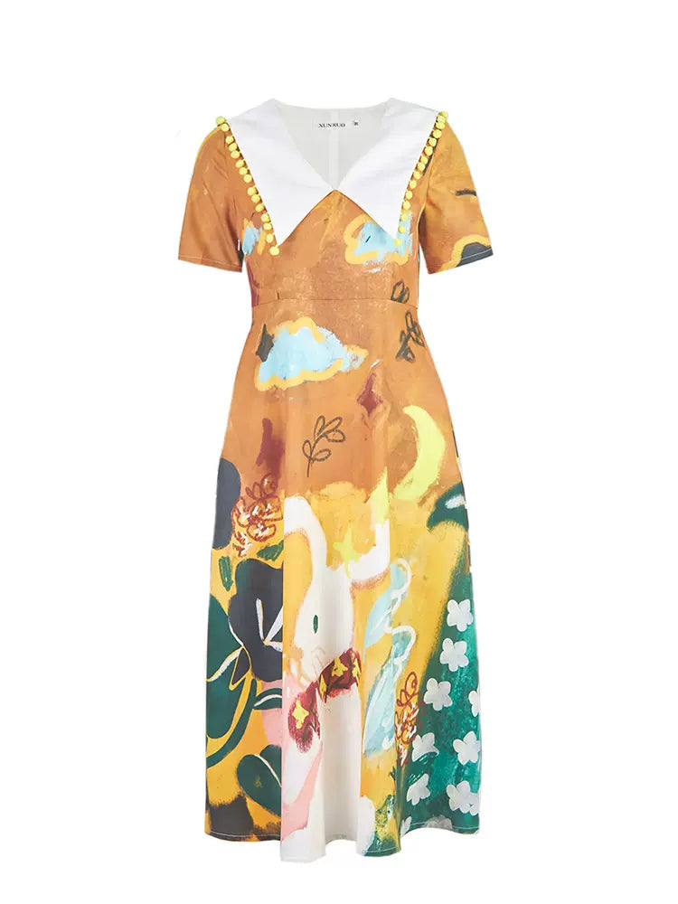 rabbit illustration ball lapel dress