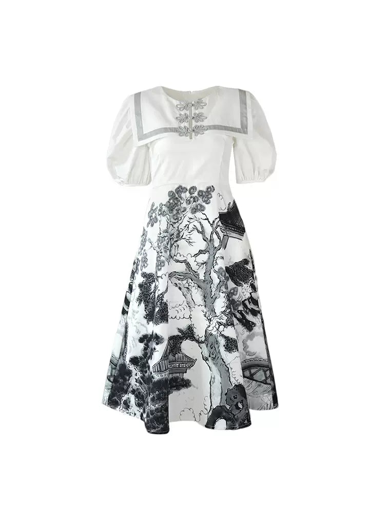 Chinese style ink print navy collar plate button dress