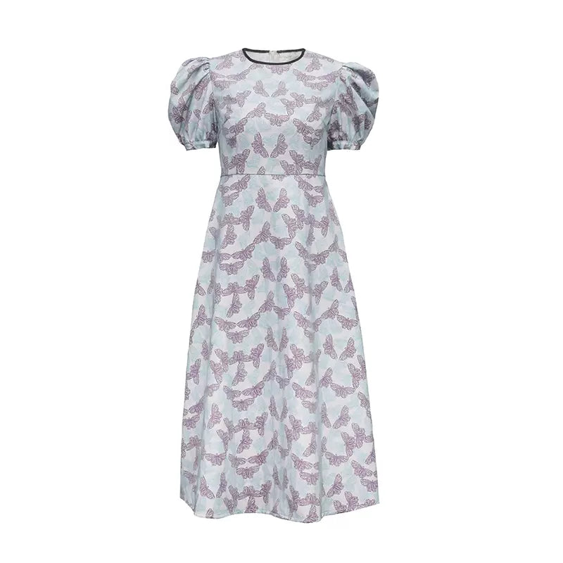 blue and purple mesh butterfly print short-sleeved dress