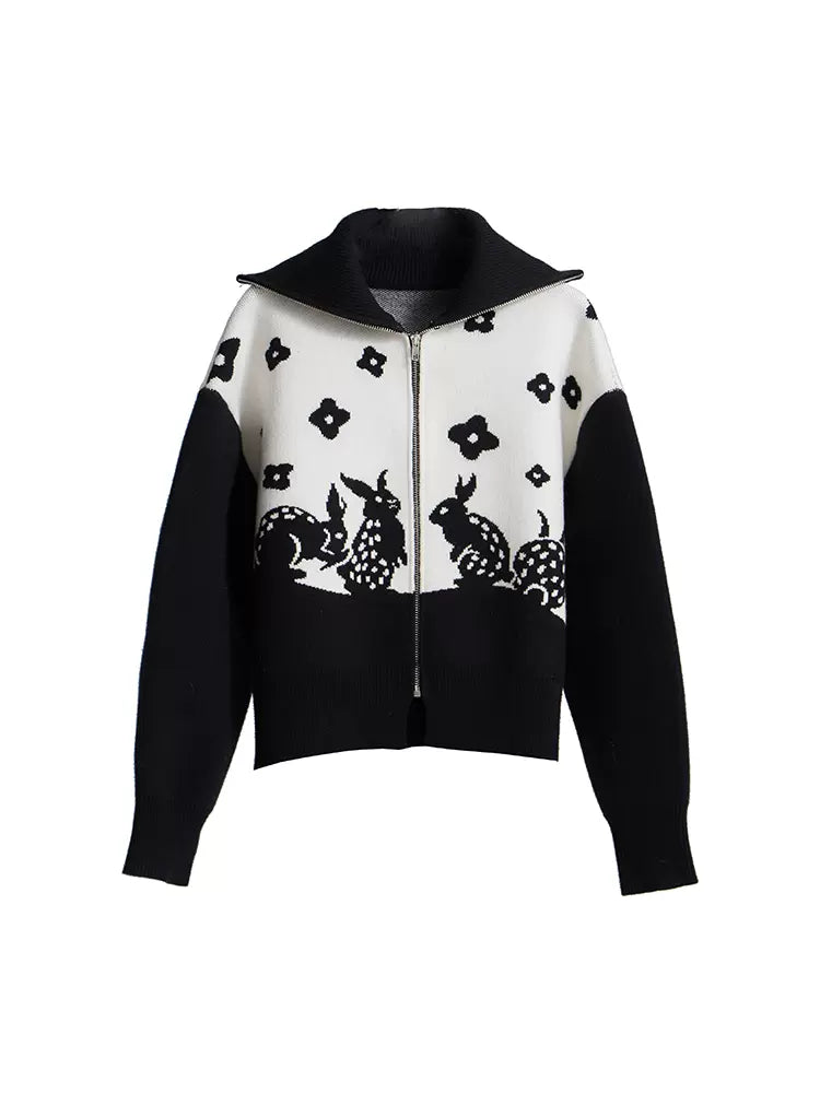rabbit artistic jacquard wool knitted cardigan