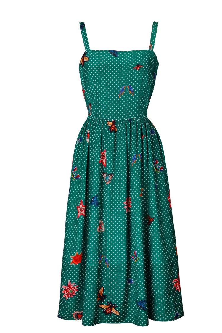 green polka dot butterfly bee suspender dress