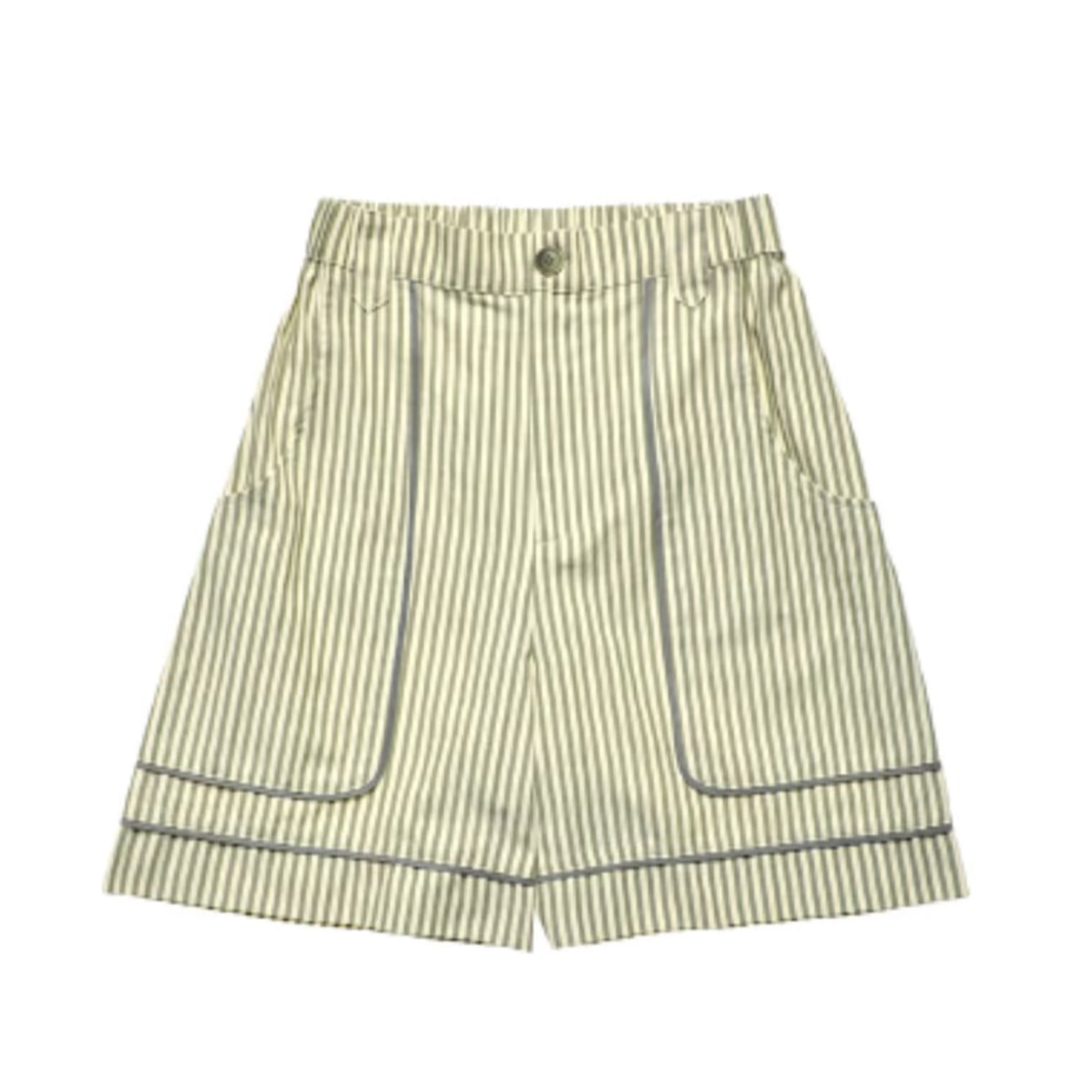 Loose Green Striped Elastic Waist Cat Shorts