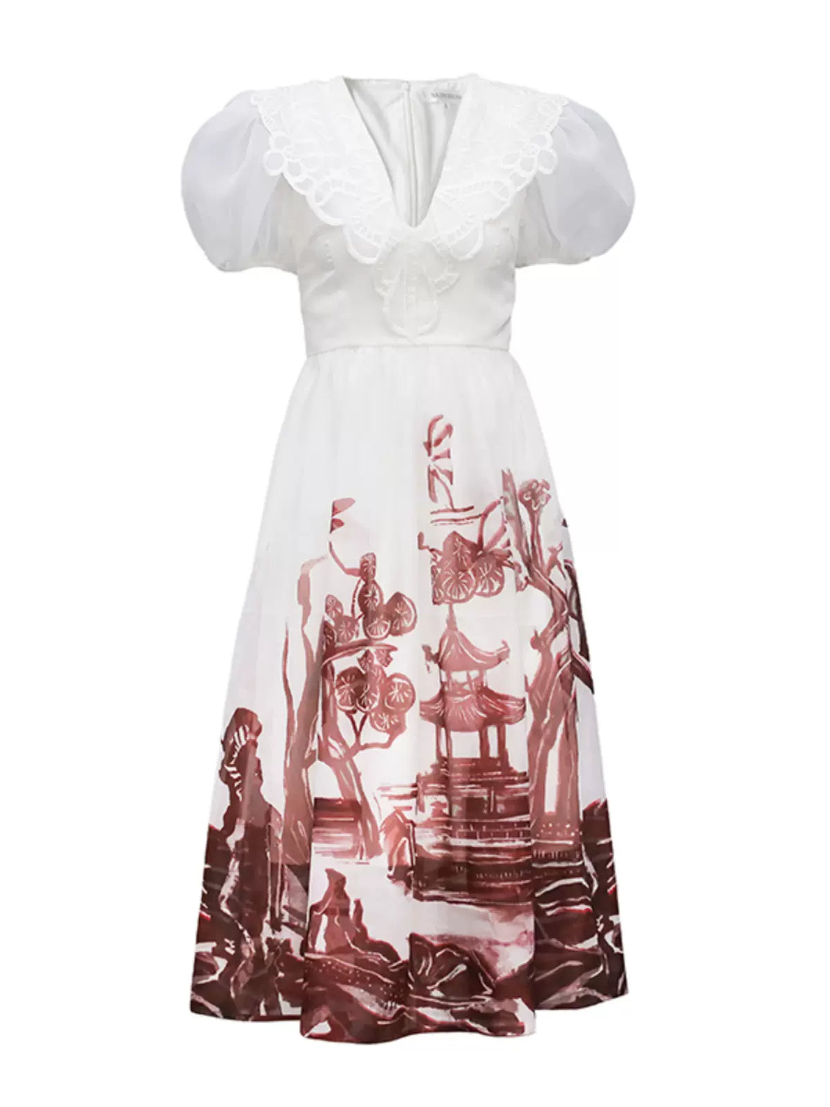 V-neck embroidered organza short-sleeved dress