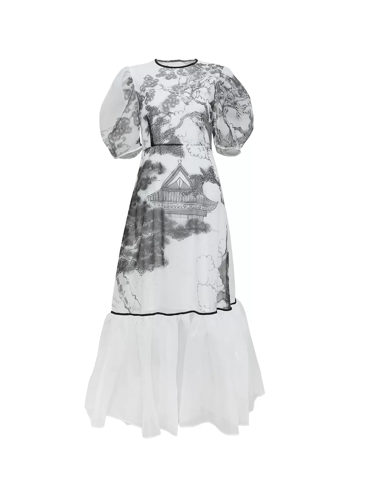 ink printed waist fishtail splicing dress