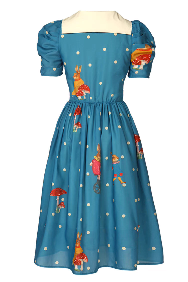 short-sleeved V-neck retro rabbit print dress