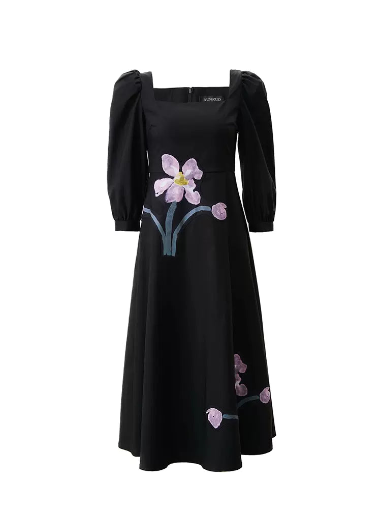 original pink and purple floral patch square collar dress