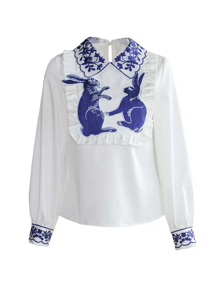blue and white rabbit shirt embroidered lapel fungus top